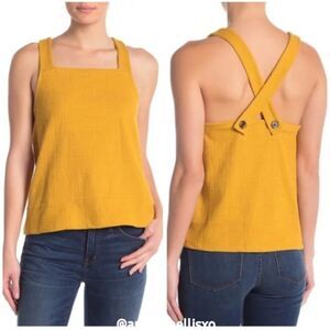 Madewell Mustard Yellow Crepe Square Neck Button Strap Tank Top